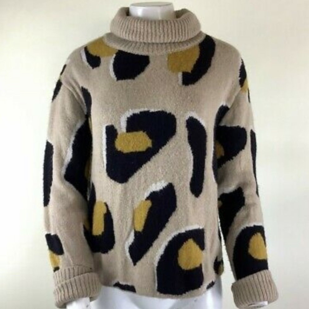 Anthropologie Sz S Georgia Turtleneck Sweater In Leopard Print Tan Acrylic